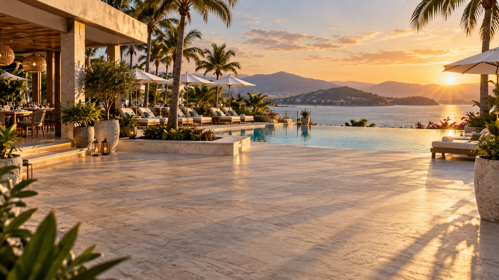 Luxury hotel outdoor space before Forbes Industries furniture visualization