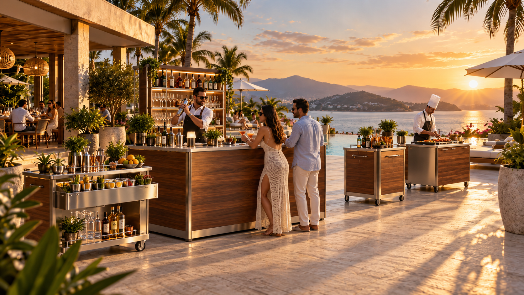 Luxury hotel outdoor space visualized with premium Forbes Industries outdoor hospitality furniture