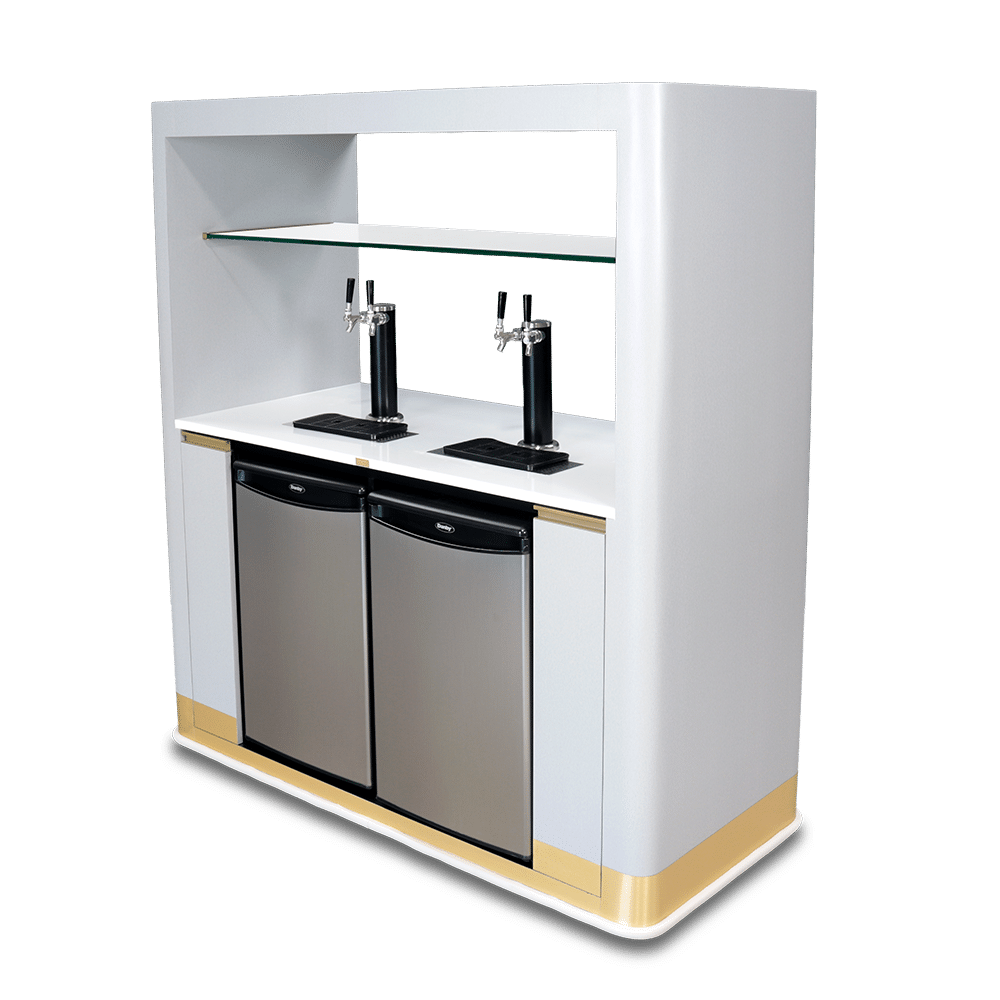 White Forbes Industries mobile back bar with two kegerators, beer taps, and gold-tone accents.