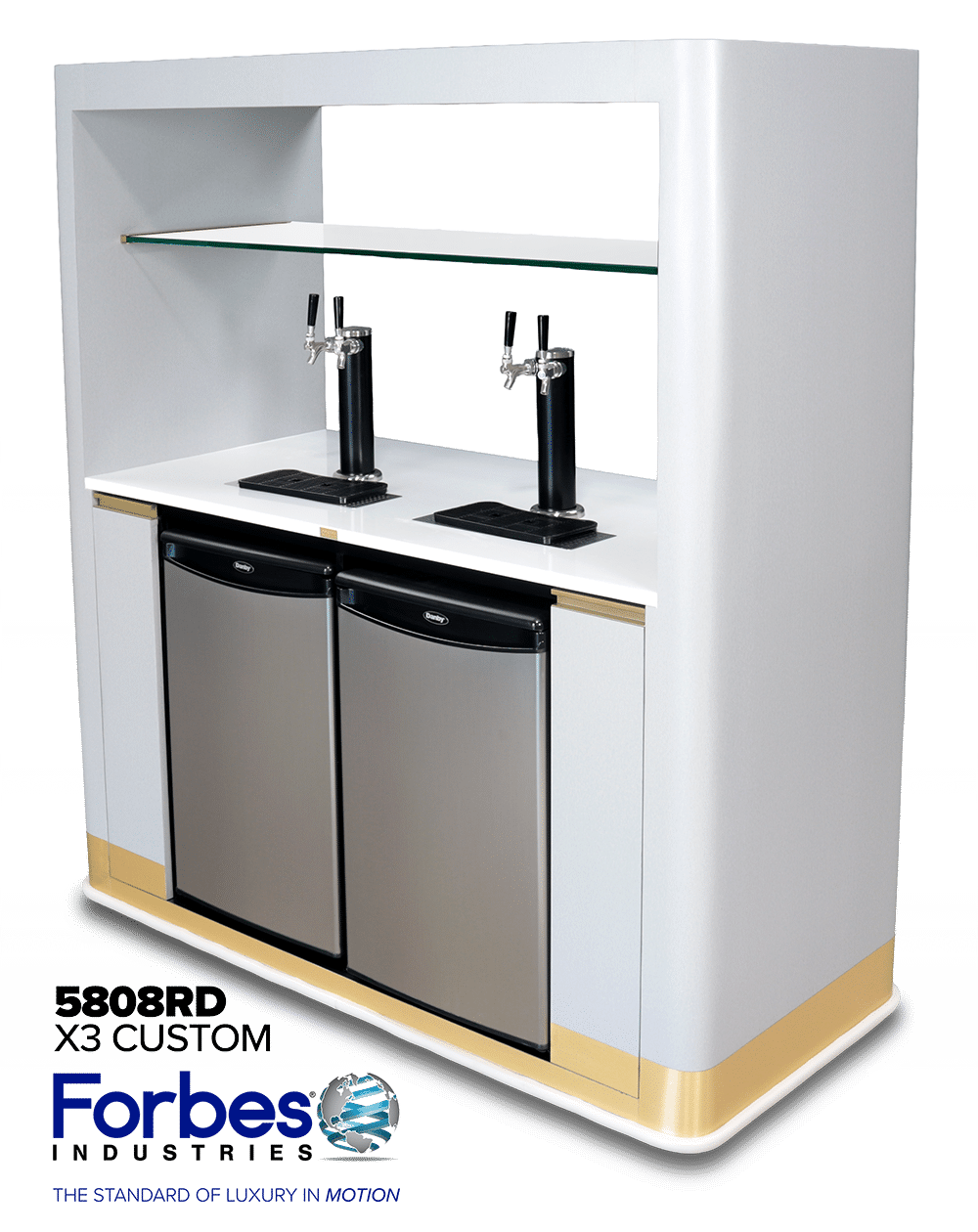 White Forbes Industries mobile back bar with two kegerators, four beer taps, and gold-tone accents.